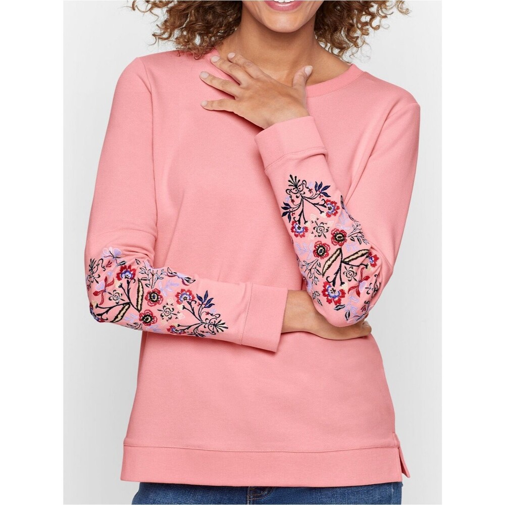Vintage Talbots Pink Embroidered Floral Sweatshirt Top Size Large Petite